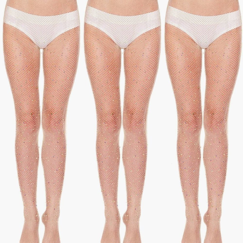 PACK OF 3 PAIRS!!! Nude Tan Crystal Rhinestone Mesh Fishnet‎ Tights Pantyhose